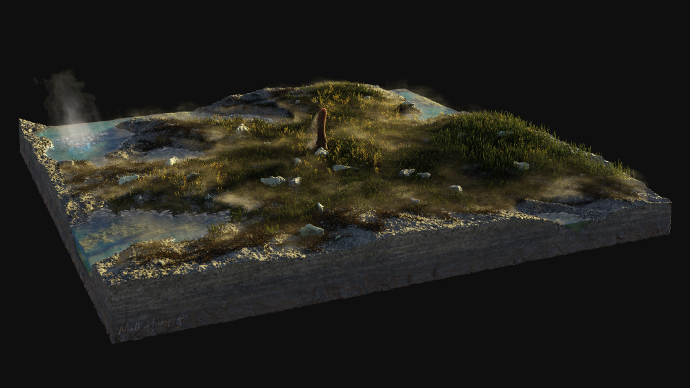 the palaeoenvironment reconstruction shows a hot spring with some land, plants, and a bit prototaxites sticking up
